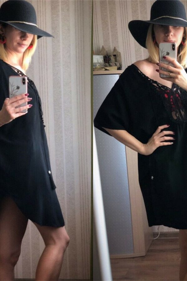 The Best Women Short Sleeve Loose Mini Dress Ladies Summer Shirt Solid Casual V-Neck Holiday Beach Dress Sundress Online - Takalr