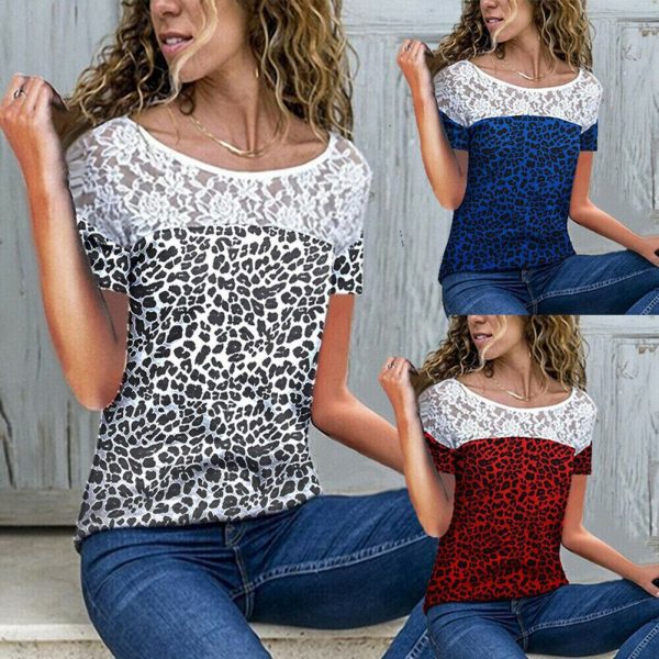 The Best Women Short Sleeve Sexy Lace Print T-Shirts Fashion Ladies Round Neck Summer Casual Loose Stitching Top New Online - Takalr