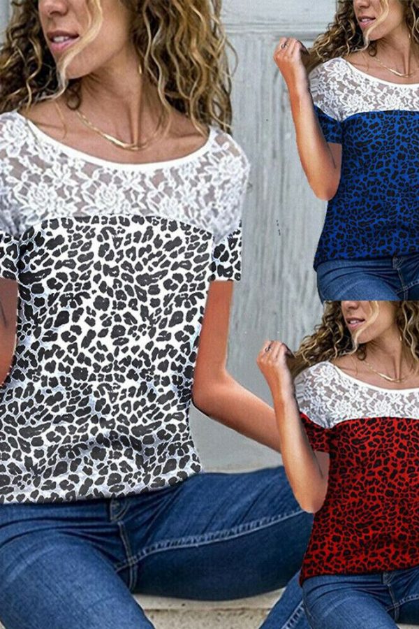 The Best Women Short Sleeve Sexy Lace Print T-Shirts Fashion Ladies Round Neck Summer Casual Loose Stitching Top New Online - Takalr