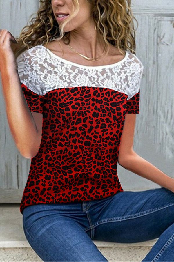 The Best Women Short Sleeve Sexy Lace Print T-Shirts Fashion Ladies Round Neck Summer Casual Loose Stitching Top New Online - Takalr