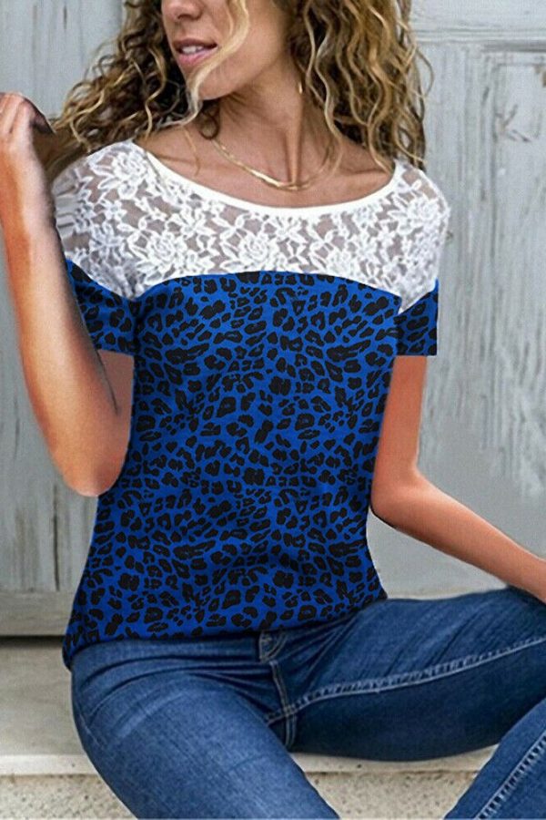 The Best Women Short Sleeve Sexy Lace Print T-Shirts Fashion Ladies Round Neck Summer Casual Loose Stitching Top New Online - Takalr