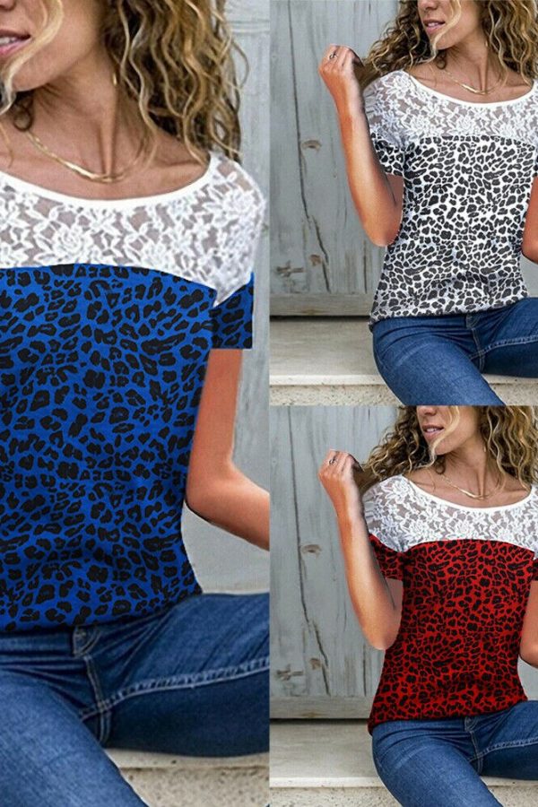 The Best Women Short Sleeve Sexy Lace Print T-Shirts Fashion Ladies Round Neck Summer Casual Loose Stitching Top New Online - Takalr