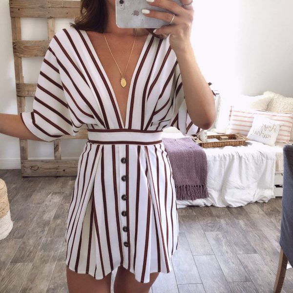 The Best Women Short Sleeve Striped Dress Fashion Ladies Party Sexy Backless V-Neck Bodycon Summer Beach Casual Sundress Online - Takalr