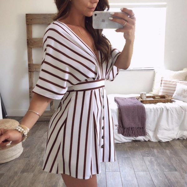 The Best Women Short Sleeve Striped Dress Fashion Ladies Party Sexy Backless V-Neck Bodycon Summer Beach Casual Sundress Online - Takalr