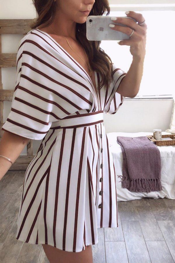 The Best Women Short Sleeve Striped Dress Fashion Ladies Party Sexy Backless V-Neck Bodycon Summer Beach Casual Sundress Online - Takalr