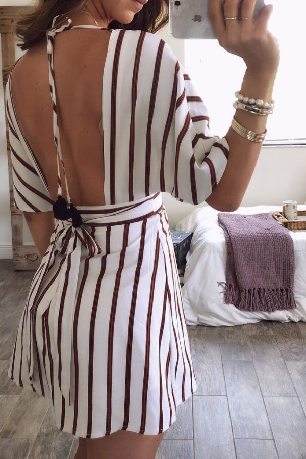 The Best Women Short Sleeve Striped Dress Fashion Ladies Party Sexy Backless V-Neck Bodycon Summer Beach Casual Sundress Online - Takalr