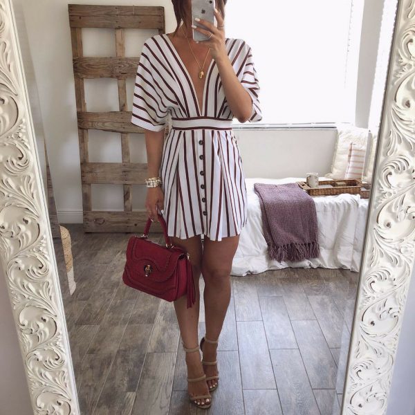 The Best Women Short Sleeve Striped Dress Fashion Ladies Party Sexy Backless V-Neck Bodycon Summer Beach Casual Sundress Online - Takalr