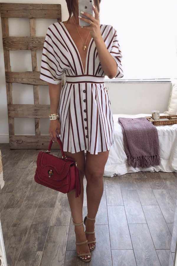 The Best Women Short Sleeve Striped Dress Fashion Ladies Party Sexy Backless V-Neck Bodycon Summer Beach Casual Sundress Online - Takalr