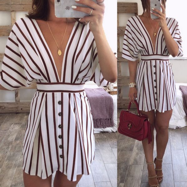 The Best Women Short Sleeve Striped Dress Fashion Ladies Party Sexy Backless V-Neck Bodycon Summer Beach Casual Sundress Online - Takalr