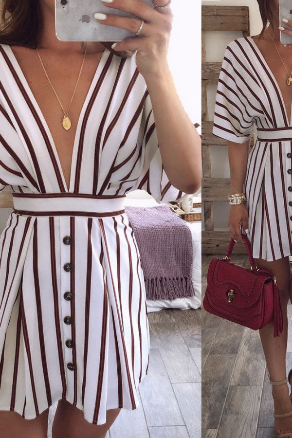 The Best Women Short Sleeve Striped Dress Fashion Ladies Party Sexy Backless V-Neck Bodycon Summer Beach Casual Sundress Online - Takalr