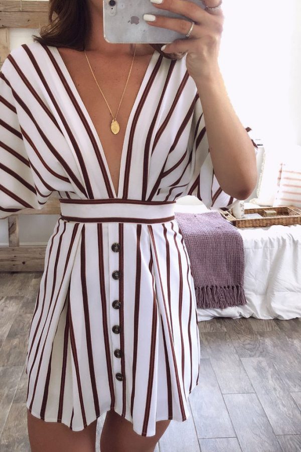 The Best Women Short Sleeve Striped Dress Fashion Ladies Party Sexy Backless V-Neck Bodycon Summer Beach Casual Sundress Online - Takalr