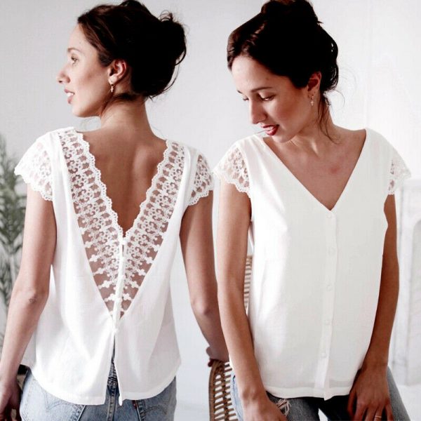 The Best Women Short Sleeve V-Neck Loose Shirts Fashion Elegant Ladies Summer Backless Solid Casual Blouse Tops Shirt Online - Takalr