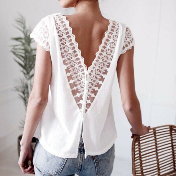 The Best Women Short Sleeve V-Neck Loose Shirts Fashion Elegant Ladies Summer Backless Solid Casual Blouse Tops Shirt Online - Takalr