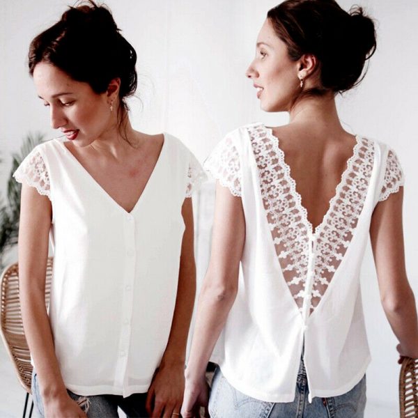 The Best Women Short Sleeve V-Neck Loose Shirts Fashion Elegant Ladies Summer Backless Solid Casual Blouse Tops Shirt Online - Takalr