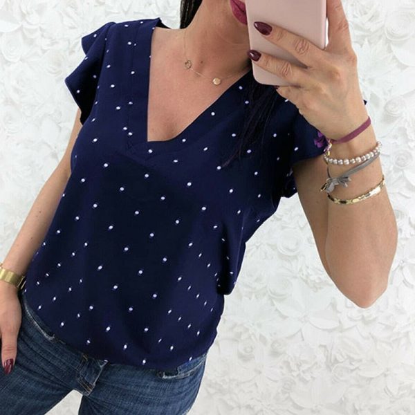 The Best Women Short Sleeve V-Neck Polka Dot Loose T-Shirts Fashion Ladies Holiday Summer Beach Casual Tops Shirt New Online - Takalr