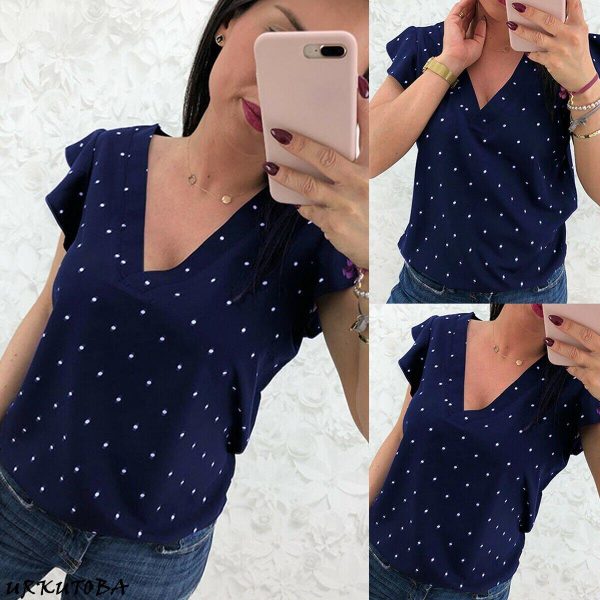 The Best Women Short Sleeve V-Neck Polka Dot Loose T-Shirts Fashion Ladies Holiday Summer Beach Casual Tops Shirt New Online - Takalr