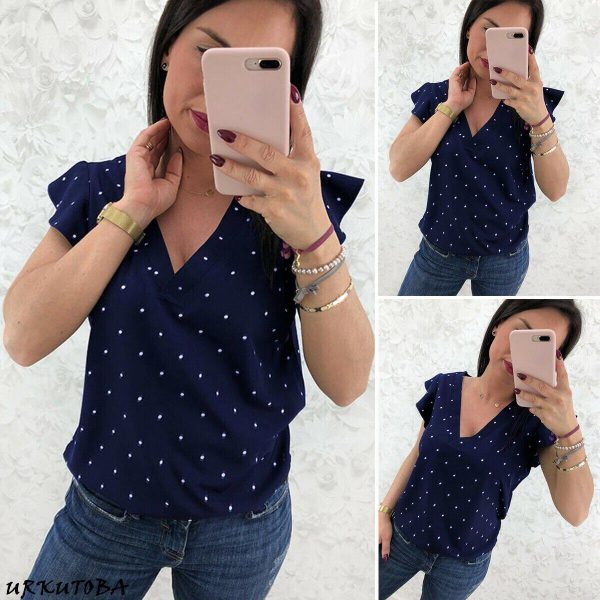 The Best Women Short Sleeve V-Neck Polka Dot Loose T-Shirts Fashion Ladies Holiday Summer Beach Casual Tops Shirt New Online - Takalr