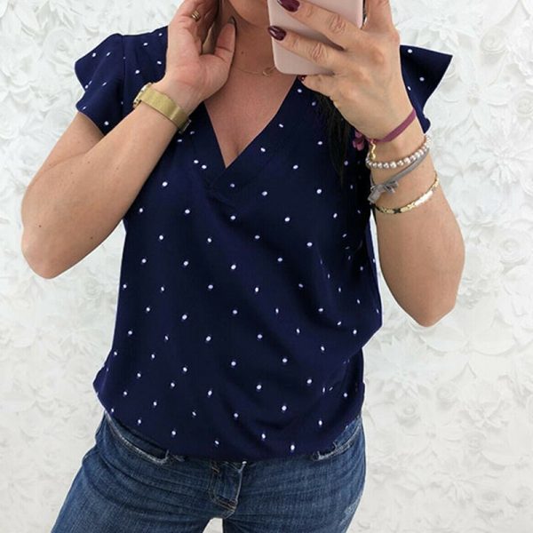 The Best Women Short Sleeve V-Neck Polka Dot Loose T-Shirts Fashion Ladies Holiday Summer Beach Casual Tops Shirt New Online - Takalr