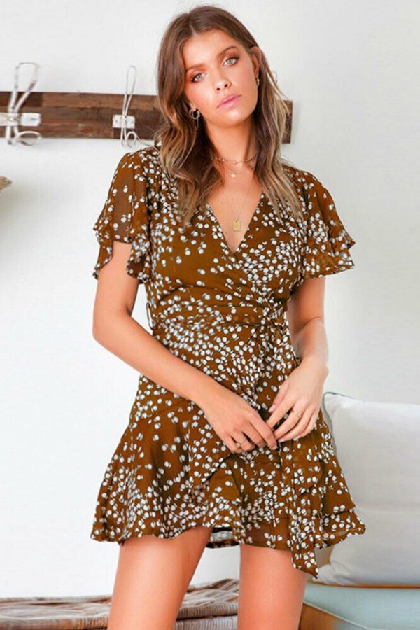 The Best Women Short Sleeve Wrap Boho Floral Mini Dress Fashion Ladies Short Sleeve V-Neck Summer Casual Sundress Holiday Online - Takalr