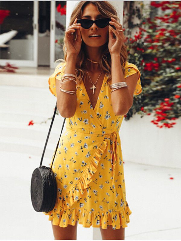 The Best Women Short Sleeve Wrap Boho Floral Mini Dress Fashion Ladies Summer Beach Casual V-Neck Short Sundress Holiday Online - Takalr