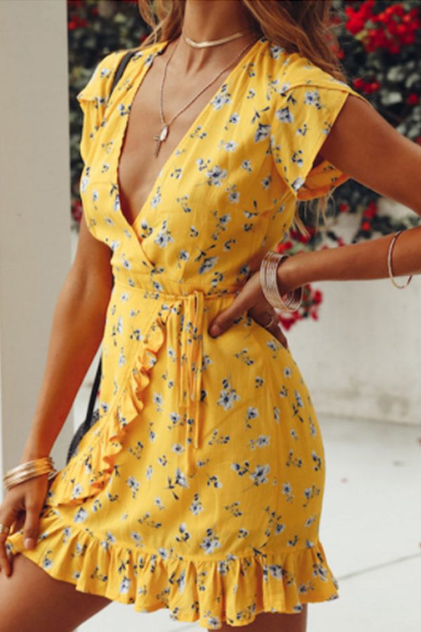 The Best Women Short Sleeve Wrap Boho Floral Mini Dress Fashion Ladies Summer Beach Casual V-Neck Short Sundress Holiday Online - Takalr