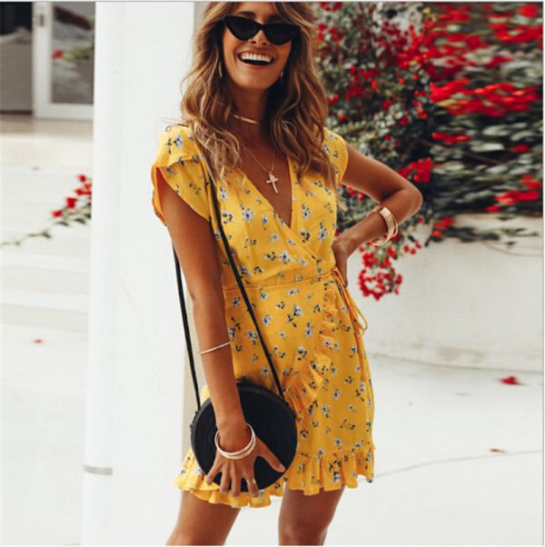 The Best Women Short Sleeve Wrap Boho Floral Mini Dress Fashion Ladies Summer Beach Casual V-Neck Short Sundress Holiday Online - Takalr