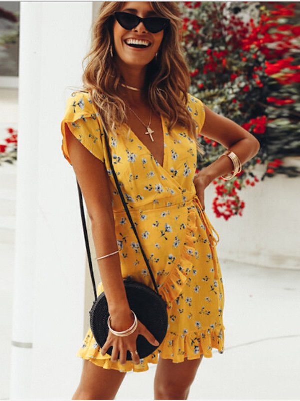 The Best Women Short Sleeve Wrap Boho Floral Mini Dress Fashion Ladies Summer Beach Casual V-Neck Short Sundress Holiday Online - Takalr