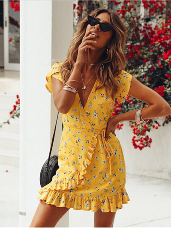 The Best Women Short Sleeve Wrap Boho Floral Mini Dress Fashion Ladies Summer Beach Casual V-Neck Short Sundress Holiday Online - Takalr