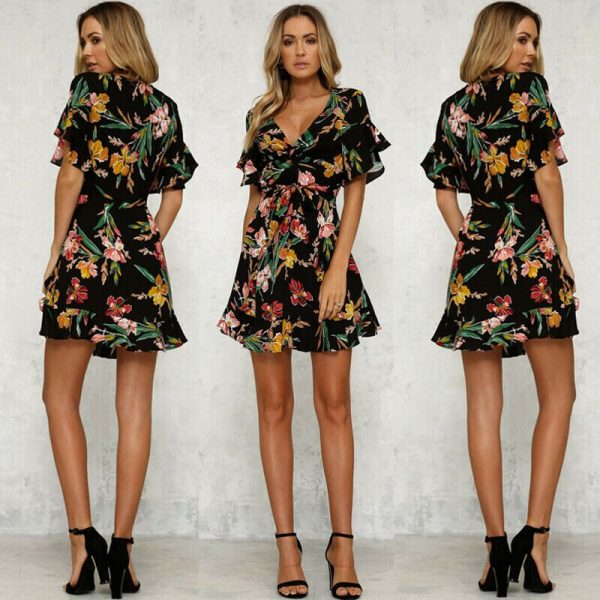 The Best Women Short Sleeve Wrap Boho Floral Mini Dress Ladies Summer Party Beach Casual V-Neck Short Sundress Holiday Online - Takalr