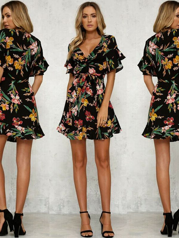 The Best Women Short Sleeve Wrap Boho Floral Mini Dress Ladies Summer Party Beach Casual V-Neck Short Sundress Holiday Online - Takalr