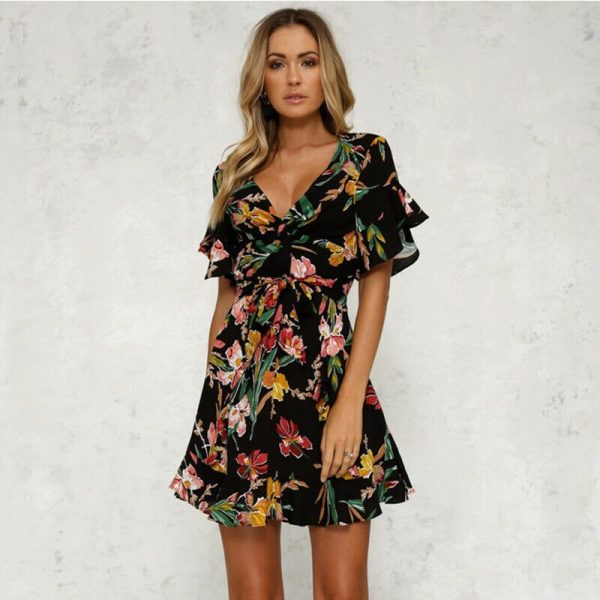 The Best Women Short Sleeve Wrap Boho Floral Mini Dress Ladies Summer Party Beach Casual V-Neck Short Sundress Holiday Online - Takalr