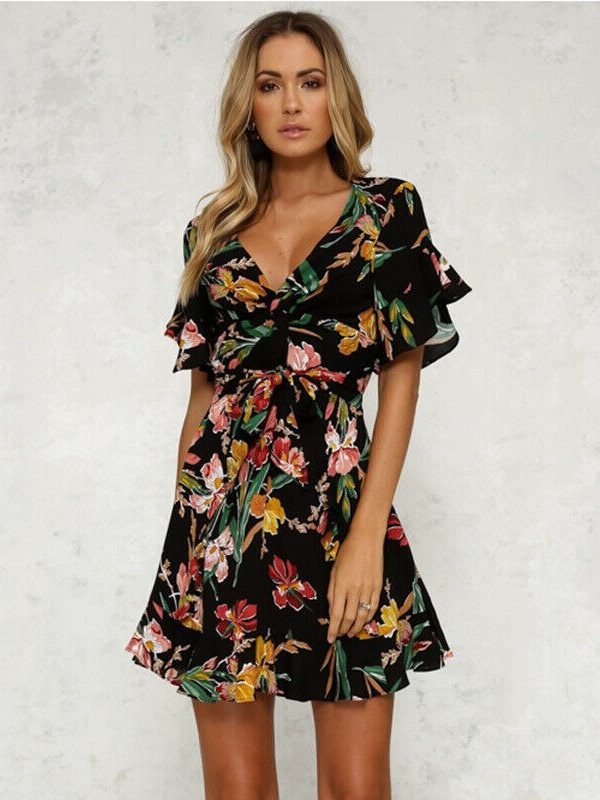 The Best Women Short Sleeve Wrap Boho Floral Mini Dress Ladies Summer Party Beach Casual V-Neck Short Sundress Holiday Online - Takalr