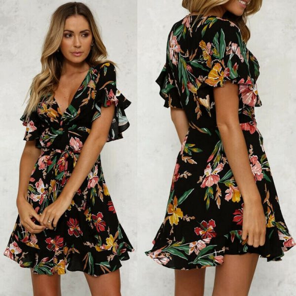 The Best Women Short Sleeve Wrap Boho Floral Mini Dress Ladies Summer Party Beach Casual V-Neck Short Sundress Holiday Online - Takalr