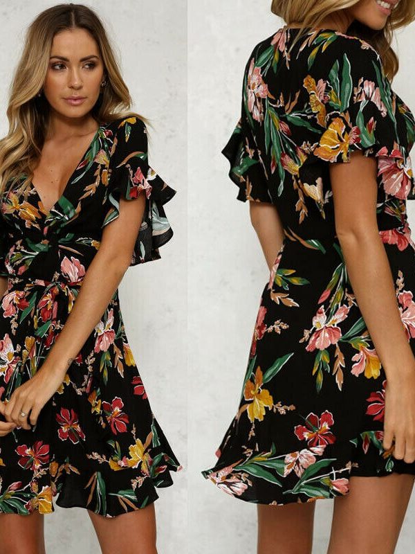 The Best Women Short Sleeve Wrap Boho Floral Mini Dress Ladies Summer Party Beach Casual V-Neck Short Sundress Holiday Online - Takalr