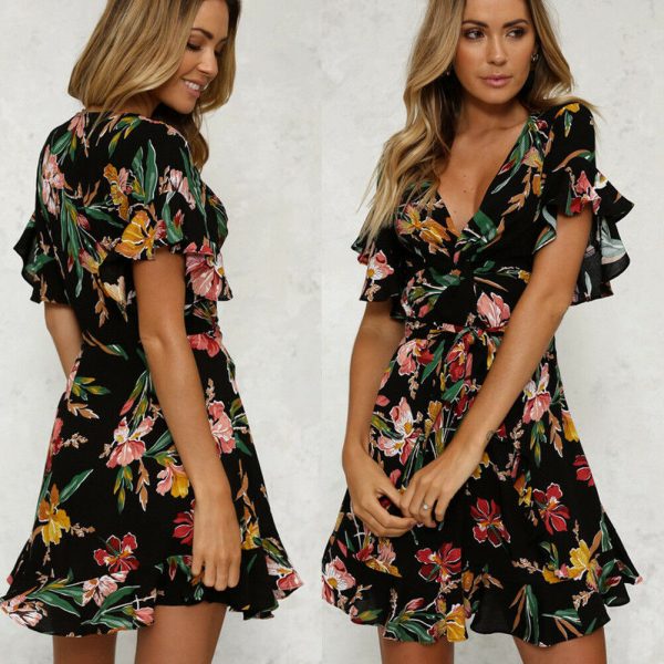 The Best Women Short Sleeve Wrap Boho Floral Mini Dress Ladies Summer Party Beach Casual V-Neck Short Sundress Holiday Online - Takalr