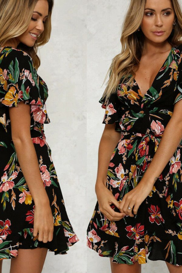 The Best Women Short Sleeve Wrap Boho Floral Mini Dress Ladies Summer Party Beach Casual V-Neck Short Sundress Holiday Online - Takalr