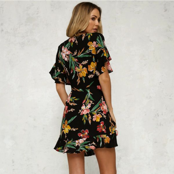 The Best Women Short Sleeve Wrap Boho Floral Mini Dress Ladies Summer Party Beach Casual V-Neck Short Sundress Holiday Online - Takalr