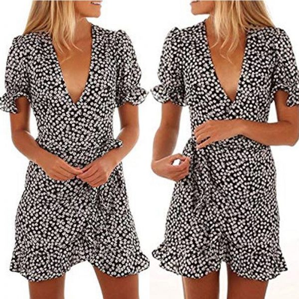 The Best Women Short Sleeve Wrap Boho Floral Short Mini Dress Party Evening Summer Beach Ladies Casual Holiday Sundress Online - Takalr