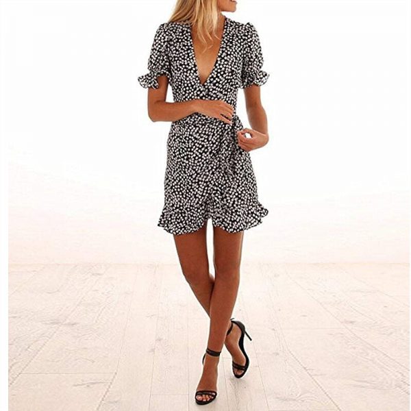 The Best Women Short Sleeve Wrap Boho Floral Short Mini Dress Party Evening Summer Beach Ladies Casual Holiday Sundress Online - Takalr