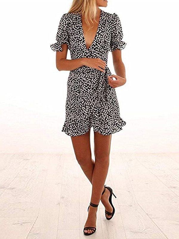 The Best Women Short Sleeve Wrap Boho Floral Short Mini Dress Party Evening Summer Beach Ladies Casual Holiday Sundress Online - Takalr