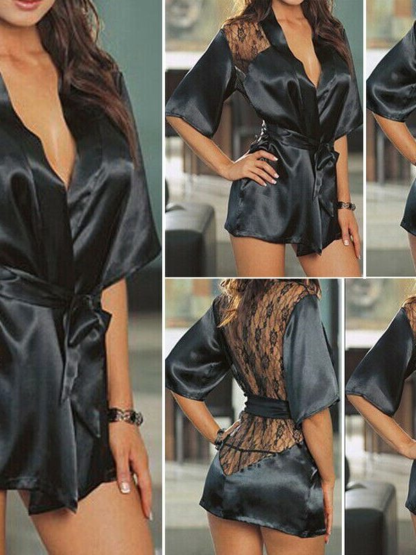 The Best Women Silk Lace Backless Sleepwear Ladies Half Sleeve V Neck Bandage Nightwear Mini Dress Casual Clothes Hot Online - Takalr