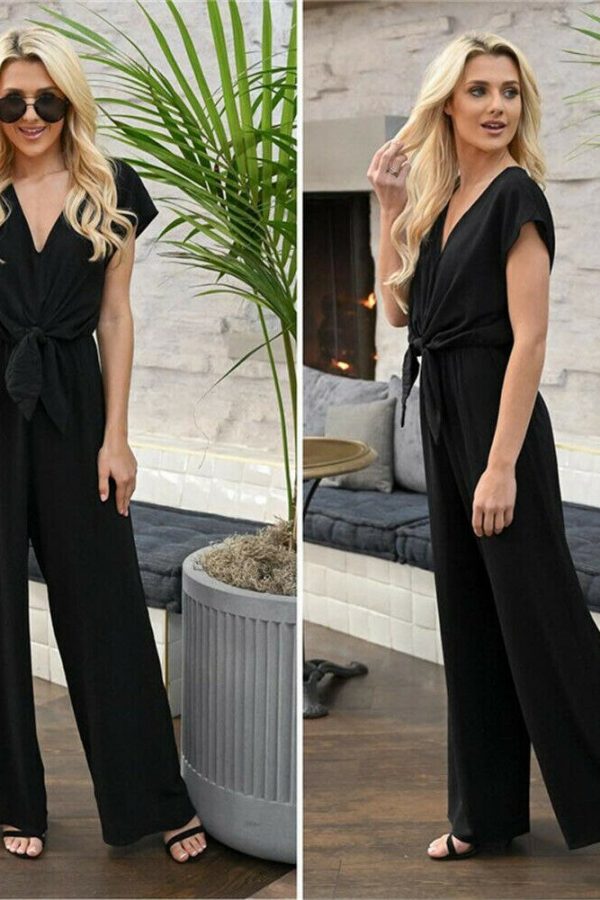 The Best Women Simple Jumpsuit Playsuit Casual Romper Wide Leg OL Ladies Summer Holiday Beach Long Pants Jumpsuit Trousers Online - Takalr