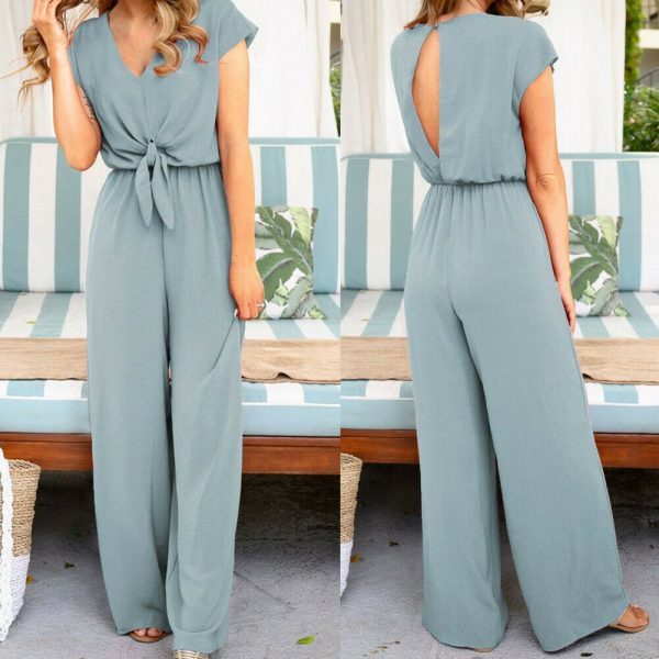 The Best Women Simple Jumpsuit Playsuit Casual Romper Wide Leg OL Ladies Summer Holiday Beach Long Pants Jumpsuit Trousers Online - Takalr