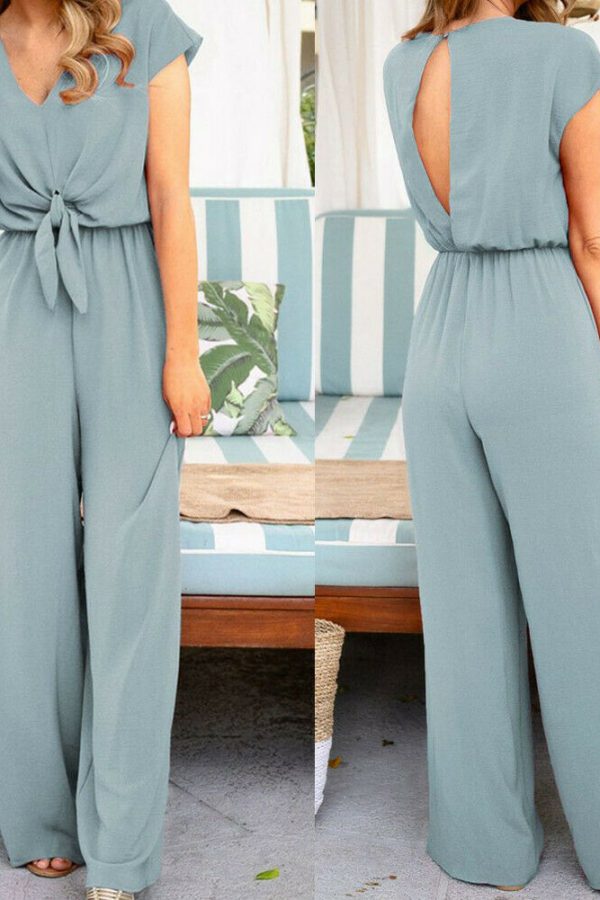 The Best Women Simple Jumpsuit Playsuit Casual Romper Wide Leg OL Ladies Summer Holiday Beach Long Pants Jumpsuit Trousers Online - Takalr