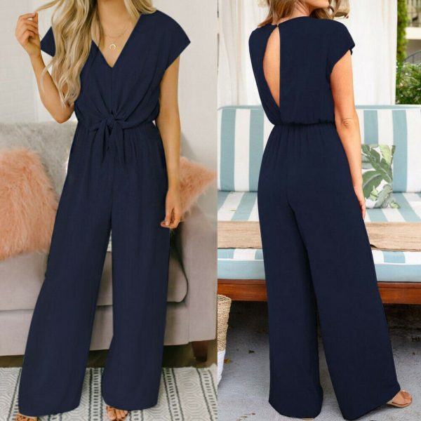 The Best Women Simple Jumpsuit Playsuit Casual Romper Wide Leg OL Ladies Summer Holiday Beach Long Pants Jumpsuit Trousers Online - Takalr