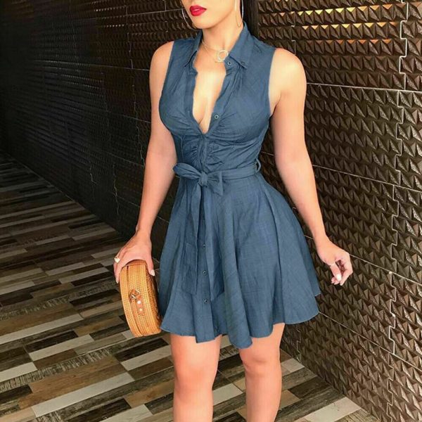 The Best Women Sleeveless Denim Deep V neck Dress Women Summer Mini Blue Dress Belted Party Short Mini Summer Sundress Clothes Online - Takalr