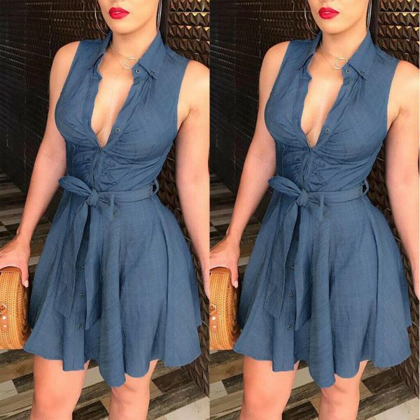 The Best Women Sleeveless Denim Deep V neck Dress Women Summer Mini Blue Dress Belted Party Short Mini Summer Sundress Clothes Online - Takalr