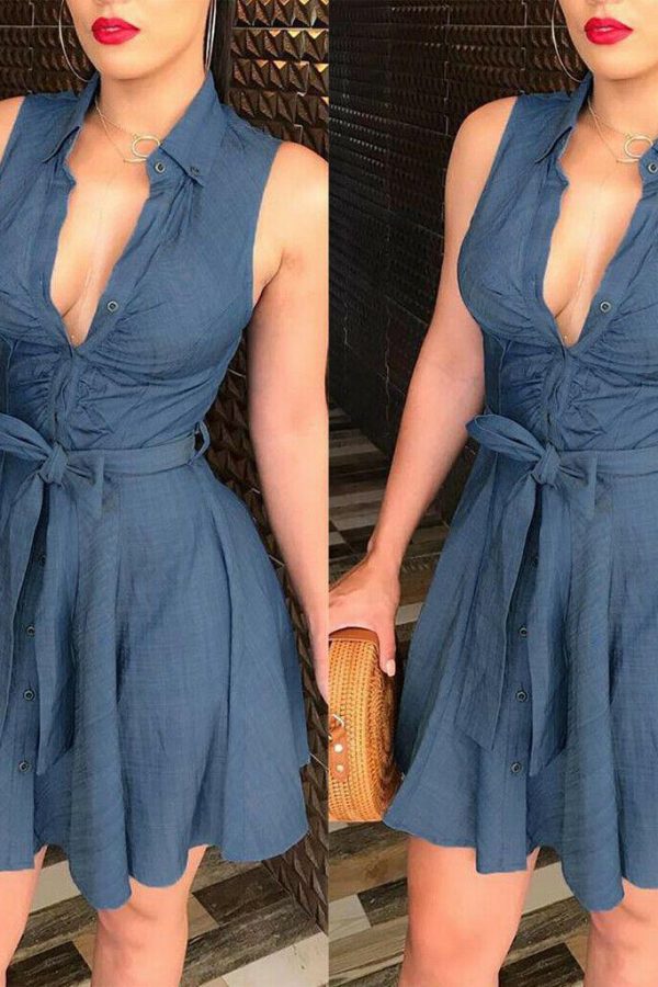 The Best Women Sleeveless Denim Deep V neck Dress Women Summer Mini Blue Dress Belted Party Short Mini Summer Sundress Clothes Online - Takalr