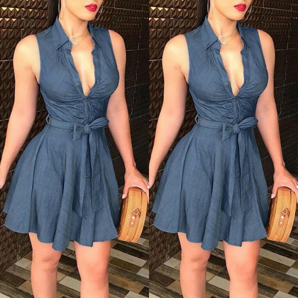 The Best Women Sleeveless Denim Deep V neck Dress Women Summer Mini Blue Dress Belted Party Short Mini Summer Sundress Clothes Online - Takalr