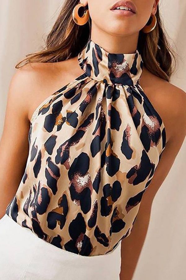 The Best Women Sleeveless Leopard Printed Halter Neck Tank Top Vest Party Christmas Backless Loose Casual Shirt Blouse Online - Takalr